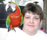 Kim Rinde with a Harlequin Macaw